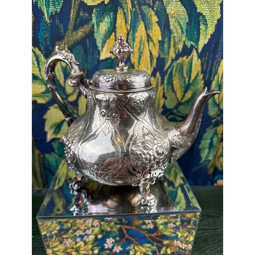 Antique Henry Graves Birmingham Silver Plate Teapot‎ Victorian Repousse Footed
